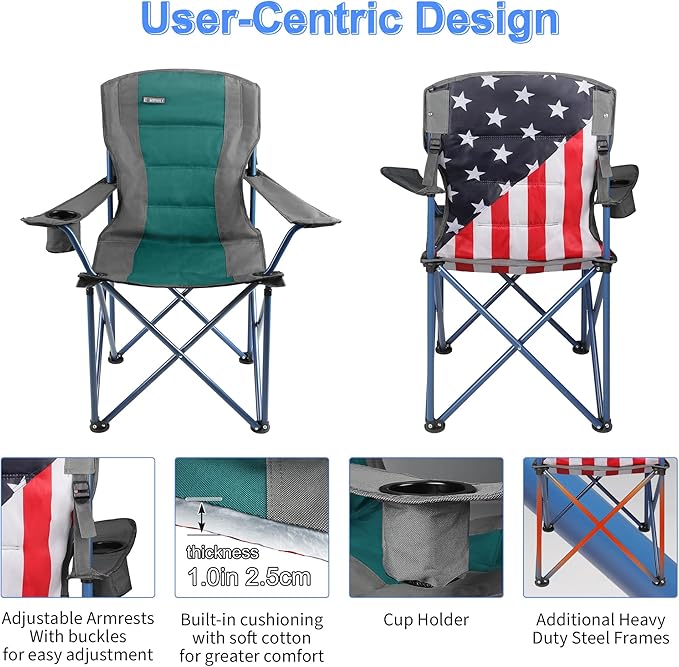2 Pack Camping Chairs with Adjustable Umbrella-Folding Lawn Chair with American Flag Backrest-Heavy Duty Padded Camping Chair for Beach,Dark Green