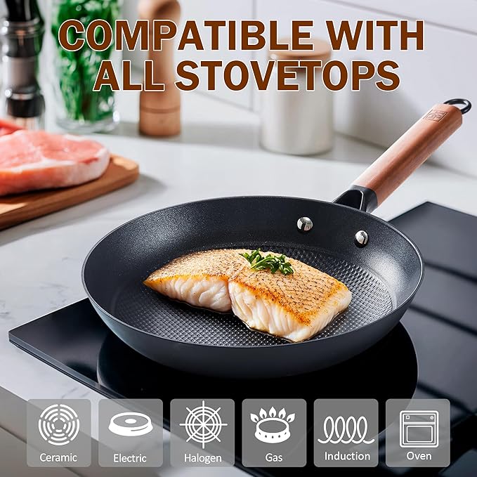 DM Cast Iron Skillet, 3 Piece Nonstick Frying Pan Set, 8” 10” 12” with Detachable Acacia Wooden Handle, Honeycomb Non stick Omelet Egg Pan, Easy Clean Oven Safe Pans for Cooking