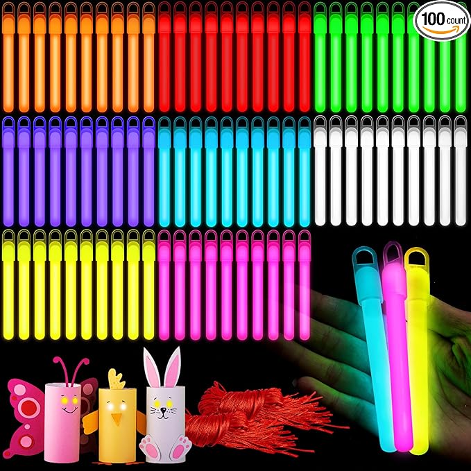 Lewtemi 4" or 6" 100 Pack Bright Glow Sticks Bulk, Glow in The Dark Party Supplies Birthday and Holidays Party Favors