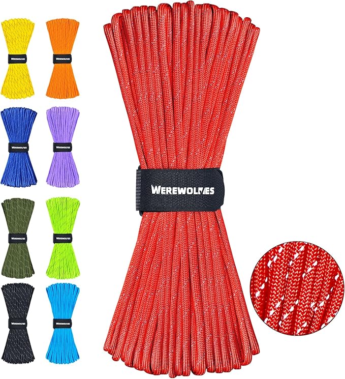 WEREWOLVES Reflective Paracord Rope 7 Strand Type III Parachute Cord 4mm 100ft / 200ft for Tent Camping Hiking Fishing Survival Tactical Clothesline DIY Projects