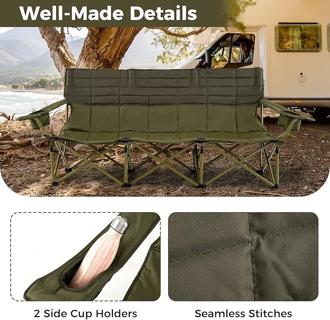 Tangkula 3 Person Oversized Camping Chair, Fully Padded Folding Camp Chair with Adjustable Armrests, Cup Holders, Carrying Bag, Portable Outdoor Lawn Chair for Camping, Support 900LBS