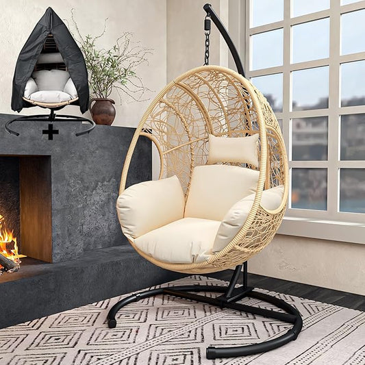 Oversized Hanging Egg Chair Outdoor Wicker Swing Chair with Stand Rain Cover UV Resistant Cushion 400lbs Capacity for Patio, Garden and Balcony