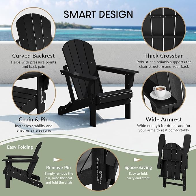 WestinTrends Malibu HDPE Outdoor Patio Folding Poly Adirondack Chair, Black