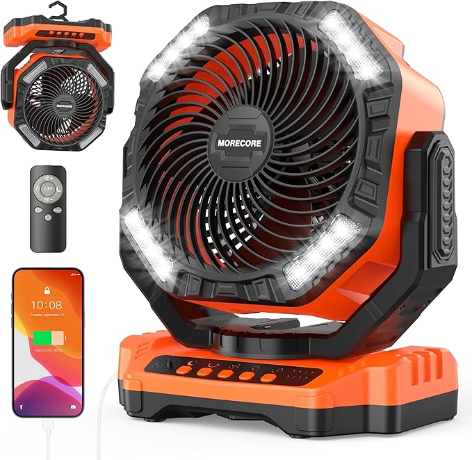 MORECORE 68HRS Running Camping Fan with Light, 20000mAh Battery Rechargeable, Powerful 4 Speeds & Auto Oscillating, with Timer & Hook, for Travel Tent RV Emergency Hurricane Jobsite Garage-Orange