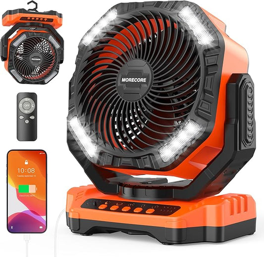 MORECORE 68HRS Running Camping Fan with Light, 20000mAh Battery Rechargeable, Powerful 4 Speeds & Auto Oscillating, with Timer & Hook, for Travel Tent RV Emergency Hurricane Jobsite Garage-Orange