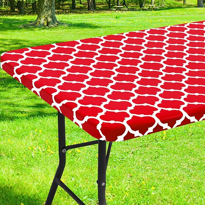 Smiry Rectangle Picnic Table Cover, Waterproof Elastic Fitted Camping Tablecloths for 5 Foot Tables, Wipeable Flannel Backed Vinyl Tablecloth Protector for Indoor, Outdoor (Red, 30x60 Inches)