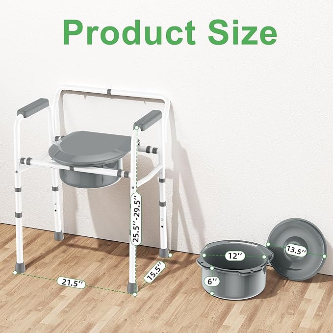 3 in 1 Bedside Commode with Arms 350 lbs, Width 21.5'' Steel Toilet Commode Adjustable Height, Porta Potty for Adults Commode Chair with 6QT Bucket, Easy Cleaning, Tool-Free Assembly