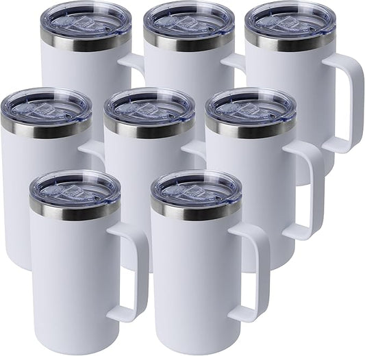 DOMICARE 24oz Mug with Handle and Lid, Stainless Steel Coffee Mug, Travel Mug with Handle, Double Wall Vacuum Coffee Tumbler, Reusable Insulated Cup, White, Pack 8