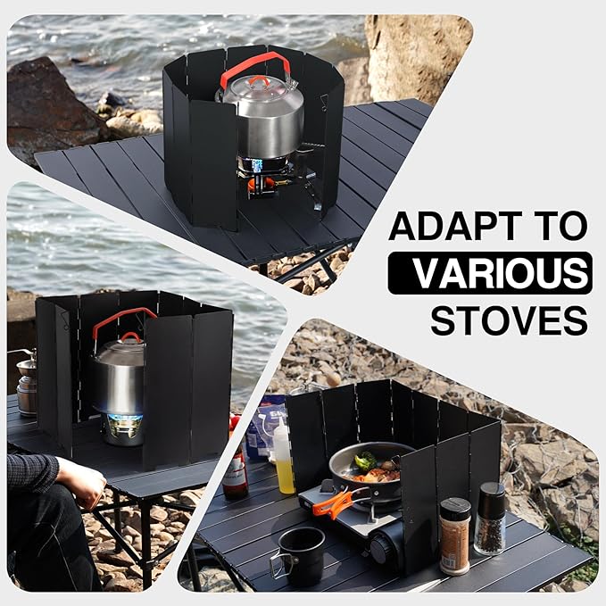 REDCAMP 9.5" High Folding Outdoor Stove Windscreen, 10 Plates Aluminum Camping Stove Windshield with Carrying bag, Lightweight Butane Burner Windshield, Black