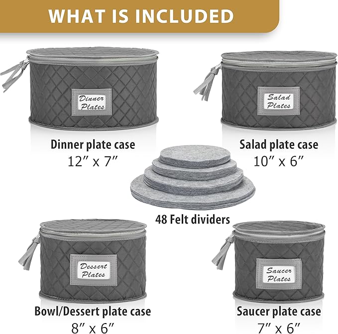 Fine China Storage - Set of 4 Quilted Cases for Dinnerware Storage. Sizes: 12" - 10" - 8" and 7" Wide - Gray - 48 Felt Plate Separators Included