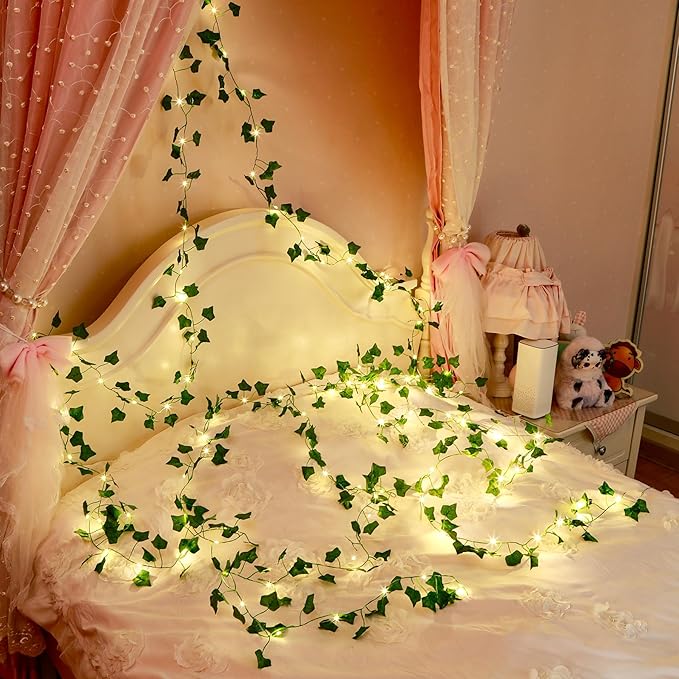 Vine with Fairy Lights for Room Decor, 33ft 100 LED Fake Ivy String Light Battery Operated Ivy Curtain Lights for Dorm, Wedding, Party, Garden, Wall, Patio,Table Decor, Indoor, Outdoor(Warm White)