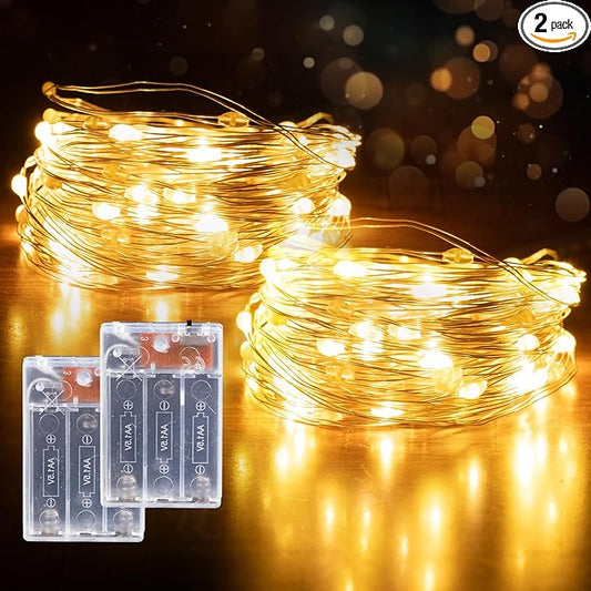 Fairy Lights Battery Operated String Lights 16.4ft 50LED Flashing and Constant Light Waterproof Silver Wire for Christmas DIY Party Bedroom Wedding (Warm White, 2 Pack)