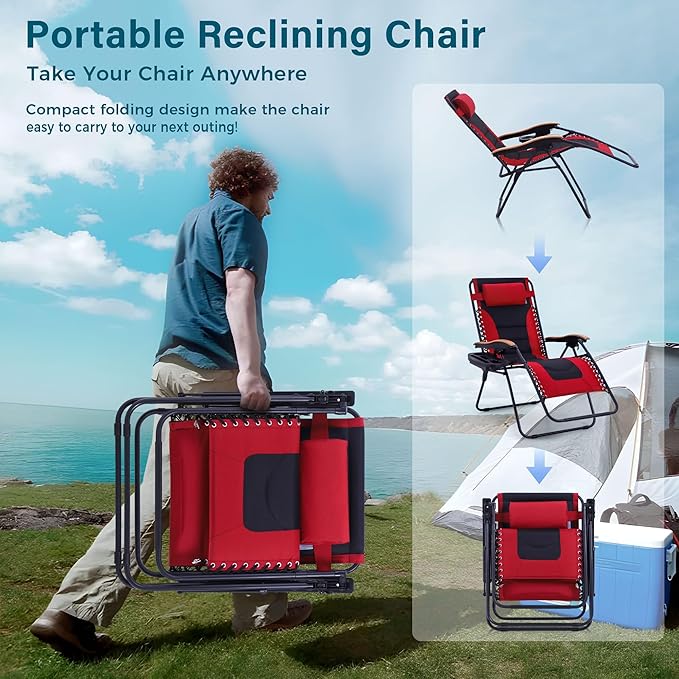 MFSTUDIO Zero Gravity Chairs, Oversized Patio Recliner Chair, Padded Folding Lawn Chair with Cup Holder Tray, Support 400lbs, Red