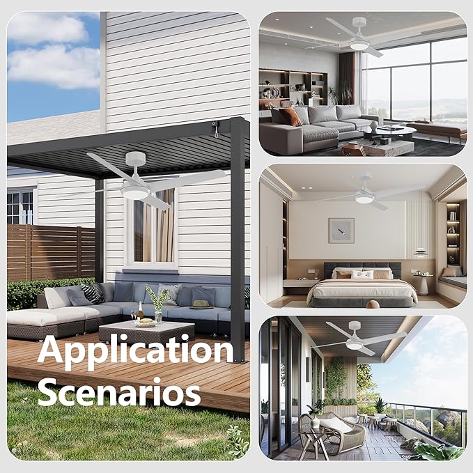 52 Inch Ceiling Fan with Light and Remote, 4 Blades, Quiet DC Motor, Reversible Fan with Dimmable LED Light, for Bedroom Living Room (White)