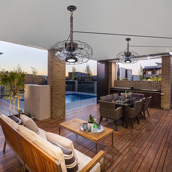 Outdoor Ceiling Fans with Light for Patios Gazebo, 15" Weatherproof Plug in Ceiling Fan, Gazebo Fan Remote, 3CCT Dimmable,Caged Ceiling Fan with Hanging Hook for Porch, Pergola,Canopy, Classical Black