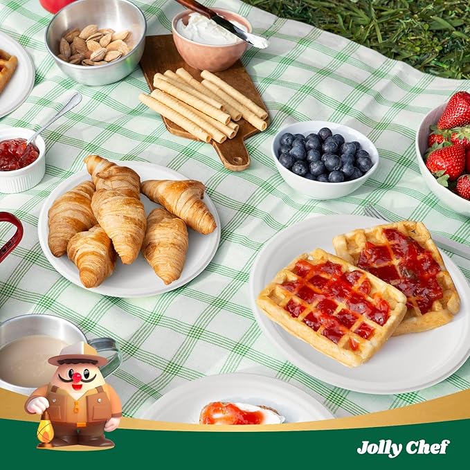 JOLLY CHEF Compostable Heavy Duty Plates 9 Inch [125 Pack] Eco-Friendly Disposable Natural Paper Plates Bagasse Biodegradable Bulk for Party Dinner Sugarcane Fibers Round 125 Count(White)