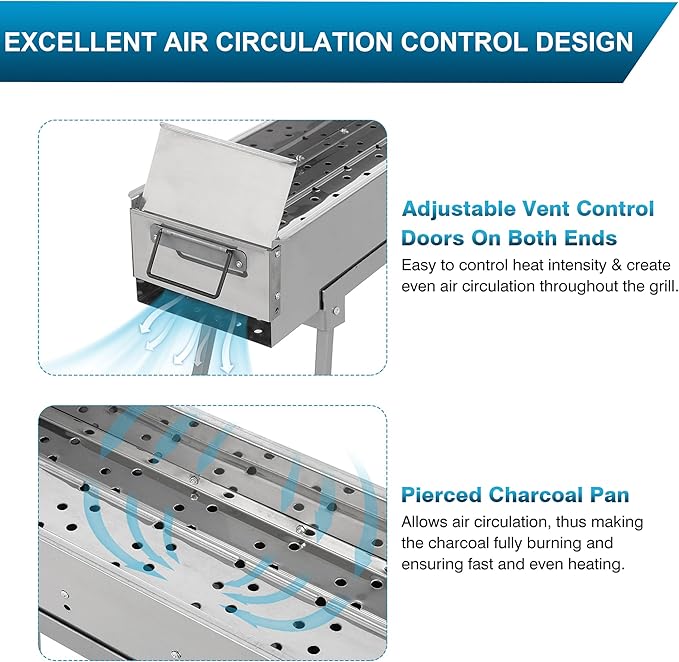 IRONWALLS Portable Charcoal Grills, 32" x 8" Stainless Steel Folded Camping Grill Kebab Skewer BBQ Barbecue Grill Kit for Garden Backyard Party Picnic Travel Home Outdoor Cooking Use