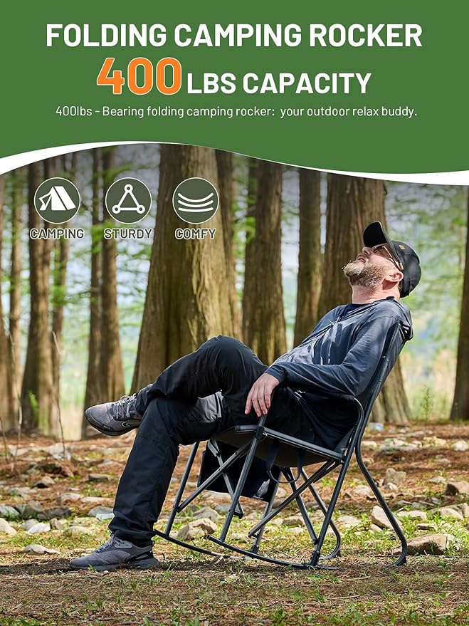 TIMBER RIDGE Folding Rocking Camping Chair, 400lbs Capacity Portable Oversized Outdoor Rocker with Hard Armrests, Cup Holder & Side Pocket, Quick-Fold Design for Outdoor, Patio, Lawn, Gray