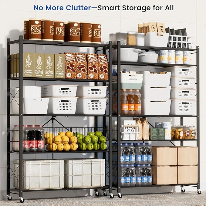 ALANNG 39.4" Wide Folding Storage Shelves with Wheels, Adjustable Metal Shelving Unit, Standing Shelf Organizer for Closet Kitchen Garage Laundry Pantry (Black,1 Pack)