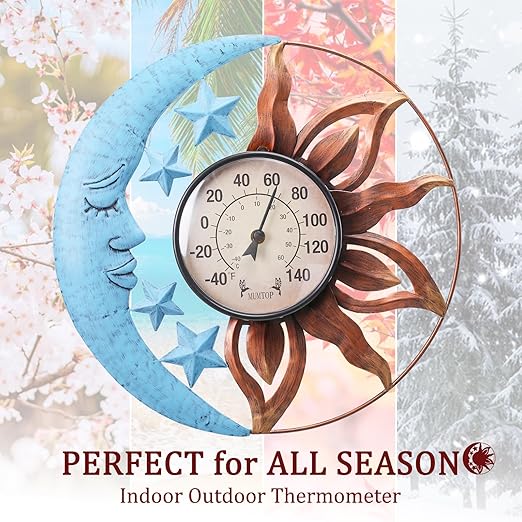 MUMTOP Indoor Outdoor Thermometer - Sun and Moon Wall Thermometer with Star, Outdoor Thermometers for Patio, Room, Greenhouse, Outside, Garden Decor