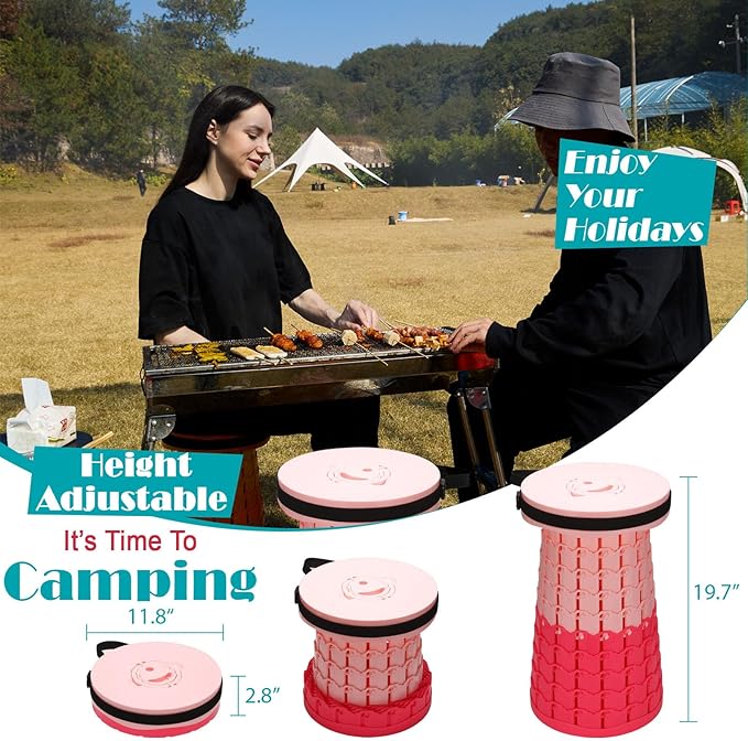 19.7” Heavy Duty Collapsible Stool with Cushion - Portable, Foldable Camping Stool for Adults, Max Capacity 1000lbs (Pink)