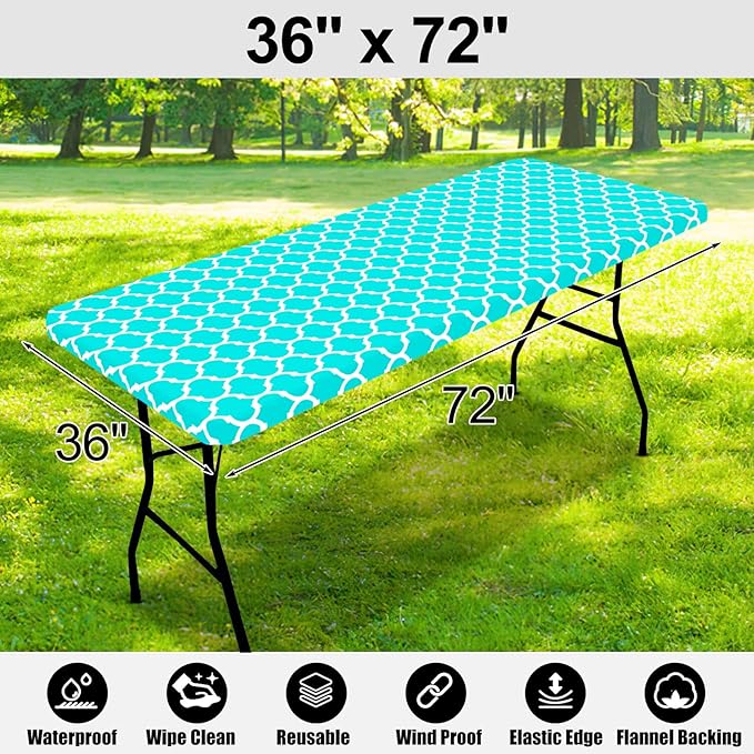 Smiry Rectangle Picnic Table Cover, Waterproof Elastic Fitted Camping Tablecloths for 6 Foot Tables, Wipeable Flannel Backed Vinyl Tablecloth Protector for Indoor, Outdoor (Teal, 36x72 Inches)