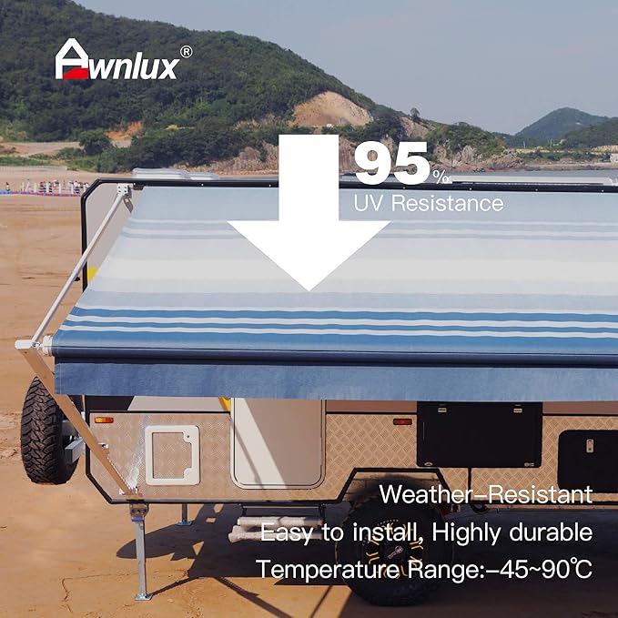 AWNLUX RV Awning Fabric Replacement - Waterproof Vinyl Sun Shade Screen for Camping - Universal Fit UV Blocker Canopy Shelter - Blue Strip 13' (Fabric 12'2")