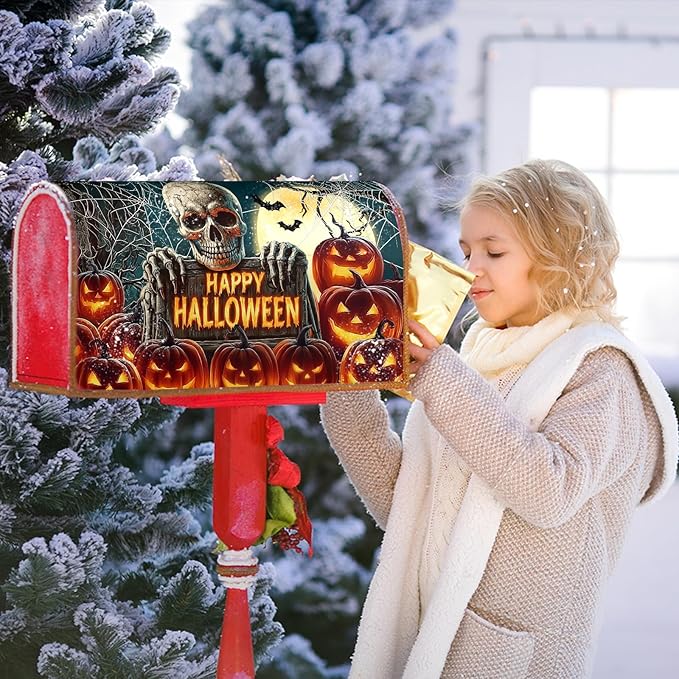 Happy Halloween Skeleton Mailbox Cover Magnetic Large Size 25.5x21 inch Spooky Pumpkin Full Moon Post Letter Box Wrap Happy Holiday Dust-Proof Postbox Covers Protection for Home Outdoor Garden Yard