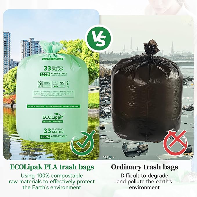 ECOLipak 33 Gallon Compostable Trash Garbage Bags, 50 Count (2 Rolls) Biodegradable Heavy Duty Large Outdoor Trash Bags for Lawn/Yard, US BPI ASTM D6400 and OK Compost Home Certified