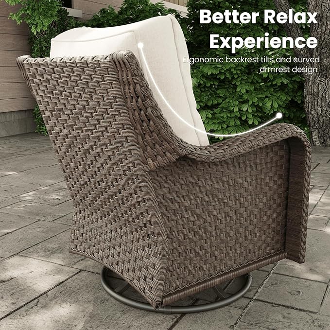 5 Pieces Outdoor Patio Furniture Sets with Rocking Swivel Chairs with 6-inch Thick Cushion and Side Table for Deck Lawn