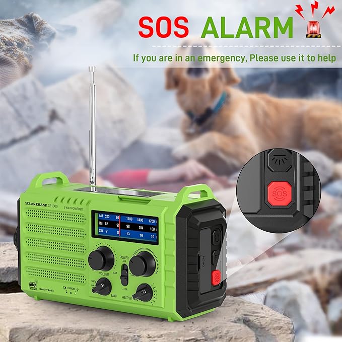 Emergency Weather Radio – 18500mWh Portable AM/FM/SW/NOAA Radio with Solar Hand Crank, Rechargeable Battery, USB Charger, LED Flashlight, Reading Light, and SOS Alarm, for Home Outdoor (Green)