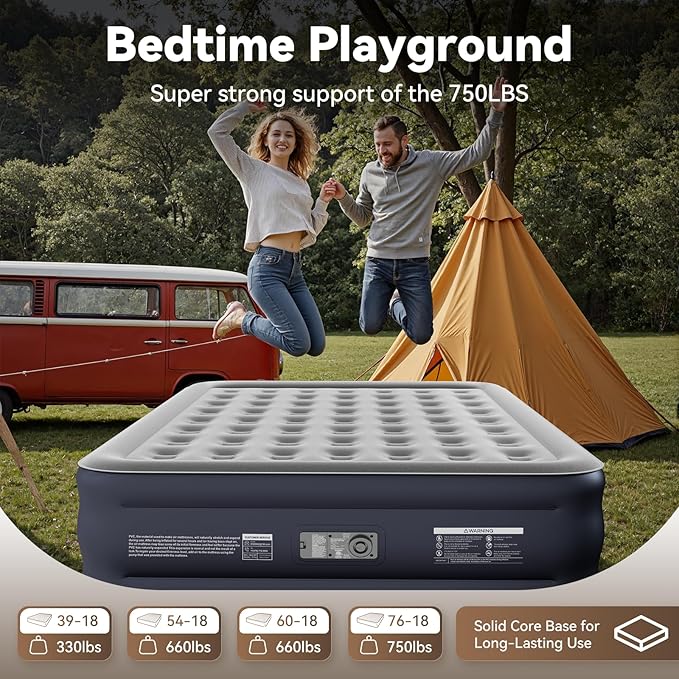 DIVON Queen Air Mattress with Built in Pump Raised, 2 Min Self Inflatable Mattress, 18’’ Blow up Mattress for Adults, 660 LBS Portable Air Bed for Guest, Camping, Travel & Floor, Dark Blue