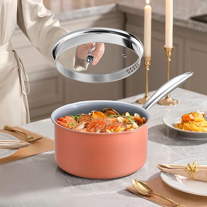 2 qt Nonstick Sauce Pan with Lid, Ceramic Saucepan Small Cooking Pot Non Toxic, PTFE & PFOA Free - Oven Safe & Compatible with All Stovetops (Gas, Electric & Induction)-Perracotta