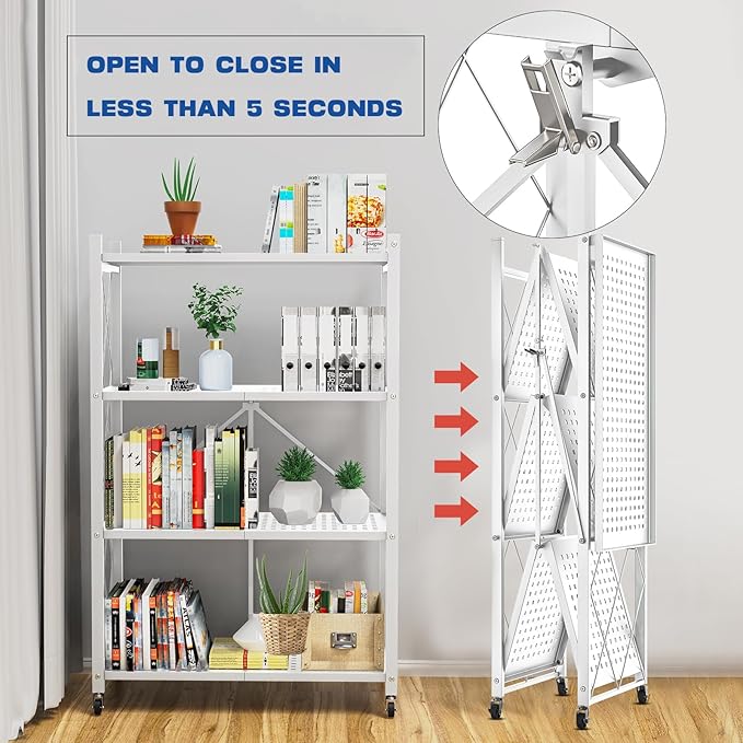 4-Tier Foldable Storage Shelf with Wheels - Metal Rack Collapsible Shelving Unit Display, Rolling Cart for Books Kitchen Storage Shelves, Pantry & Closet Organizer, Office Room Decor