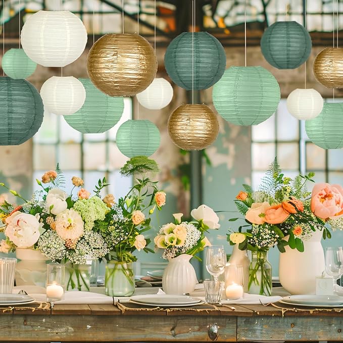 Paper Lanterns Decorative, Round Paper Lanterns Decorations Sage Green/Forest Green/Gold/White for Rustic Party Birthday Party Bachelorette Engagement Wedding Baby Shower 15pcs