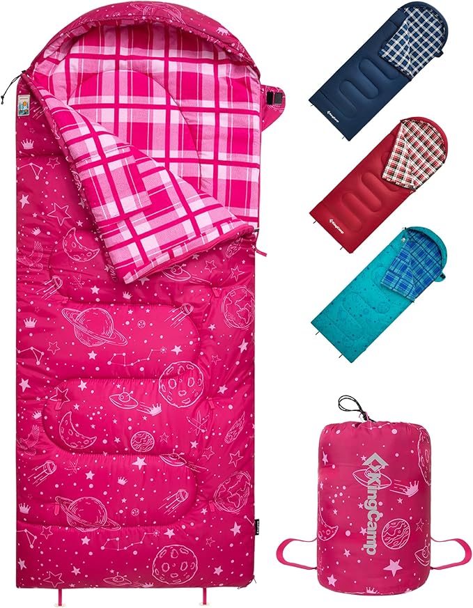 KingCamp 45° F Kids Sleeping Bag, Lightweight Waterproof & Compact Flannel Sleeping Bags Cold Weather & Warm Youth Essentials Gear Accessories for Camping, Fits 10-12 Children up to 5'5" Tall
