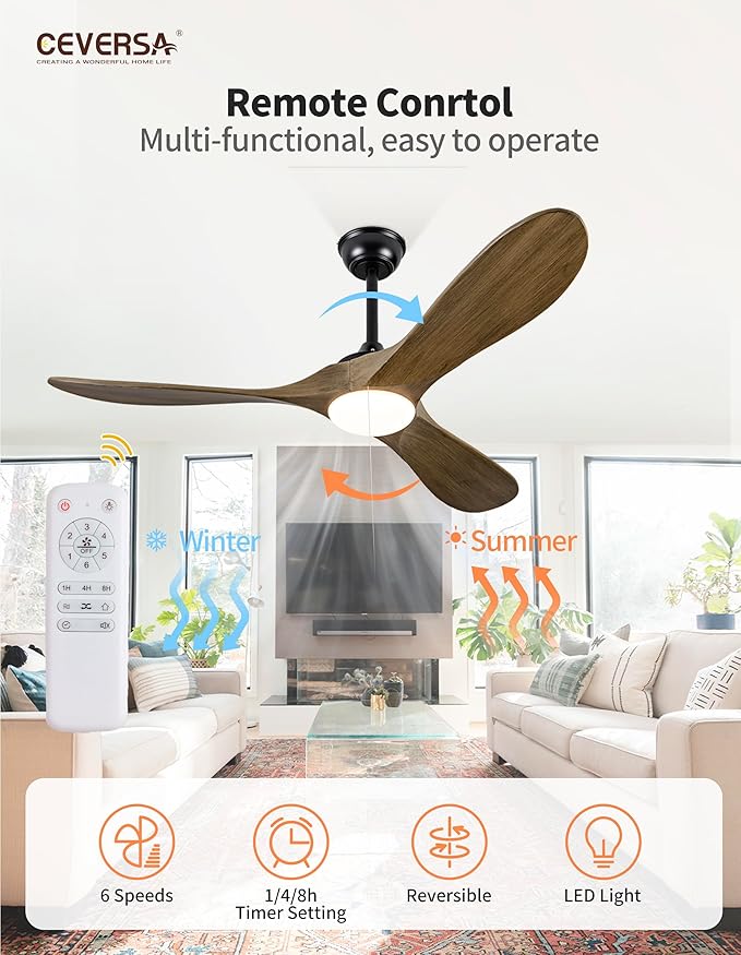 52 Inch Ceiling Fans with Lights and Remote,3 Blades Outdoor Wood Rustic Propeller Grey Ceiling Fans,Quiet Noiseless DC Motor,for Farmhouse,Living Room,Bedroom,Indoor