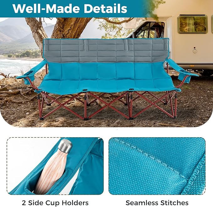 Tangkula 3 Person Oversized Camping Chair, Fully Padded Folding Camp Chair with Adjustable Armrests, Cup Holders, Carrying Bag, Portable Outdoor Lawn Chair for Camping, Support 900LBS
