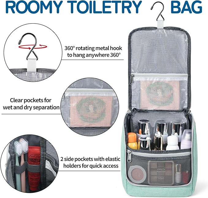 Della Gao Hanging Toiletry Bag for Men and Women, Portable Travel Makeup Bag Cosmetic Bag Toiletries Organizer, Bathroom Bag, Water Resistant Nylon - Green