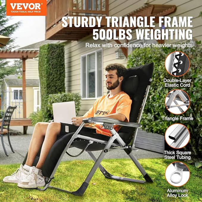 VEVOR Zero Gravity Chair, 33 inch Zero Gravity Recliner Lounge Chair for Indoor and Outdoor, Adjustable Anti Gravity Chair with Cushion, Headrest, Footrest, and Cupholder, 500 lbs, Black