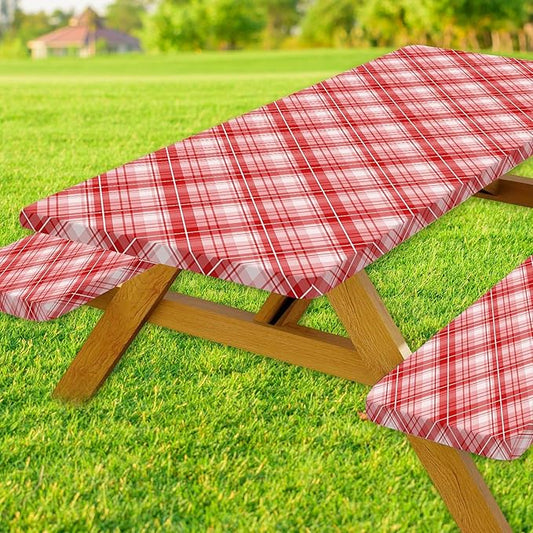 DYNH 3 Pcs Picnic Table Cover with Bench Covers, 6ft Waterproof Reusable Elastic Fitted Rectangle Picnic Table Cloths,30x72IN Red Plaid Picnic Tablecloth for Camping Patio Travel Outdoor,2