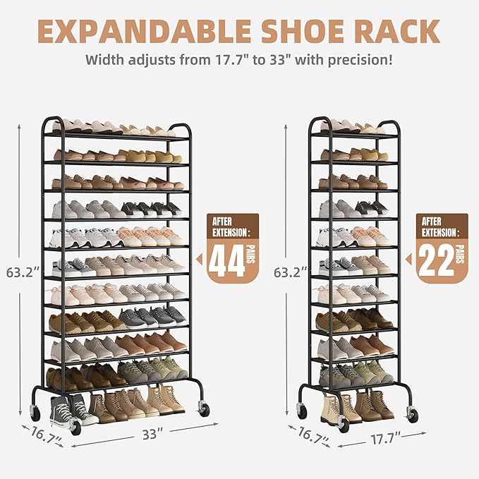 STORAGE MANIAC Expandable Shoe Rack, 44 Pairs Stackable Small Shoe Rack, Metal Adjustable Shoes Organizer for Closet, Entryway, Hallway, Garage, Front Door, Shoes Shelves, Black 10 Tier