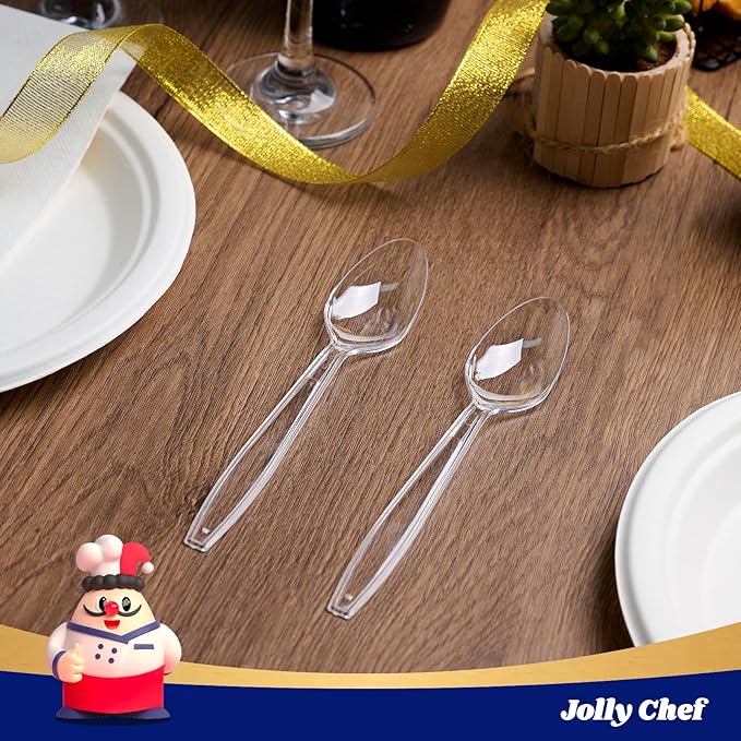 JOLLY CHEF 300 Count Clear Plastic Teaspoons Heavy Duty, 6.54" Heat Resistant Solid and Durable Plastic Teaspoons Disposable, Disposable Bulk Cutlery Perfect for Parties Supply Events Everyday Use