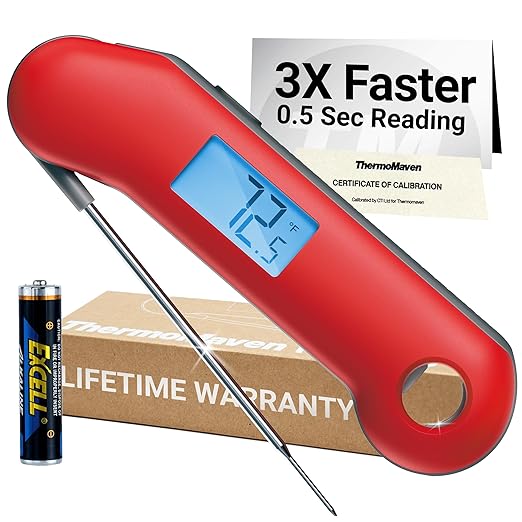 ProfessionaI Meat Thermometer Digital, 3X Faster 0.5 Sec Instant Read, NIST Certified Accuracy ±0.5°F, 100% Waterproof Probe, Auto-Rotate Bright Indicator, for Candy/Grill/BBQ, Red & Gray