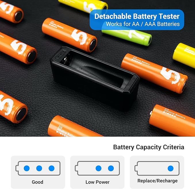 Detachable Battery Tester for AA and AAA Batteries,10 Slots Battery Case for 8 AA and 2 AAA Batteries, Water-Resistant and Shockproof, PC Shell Easy to Carry