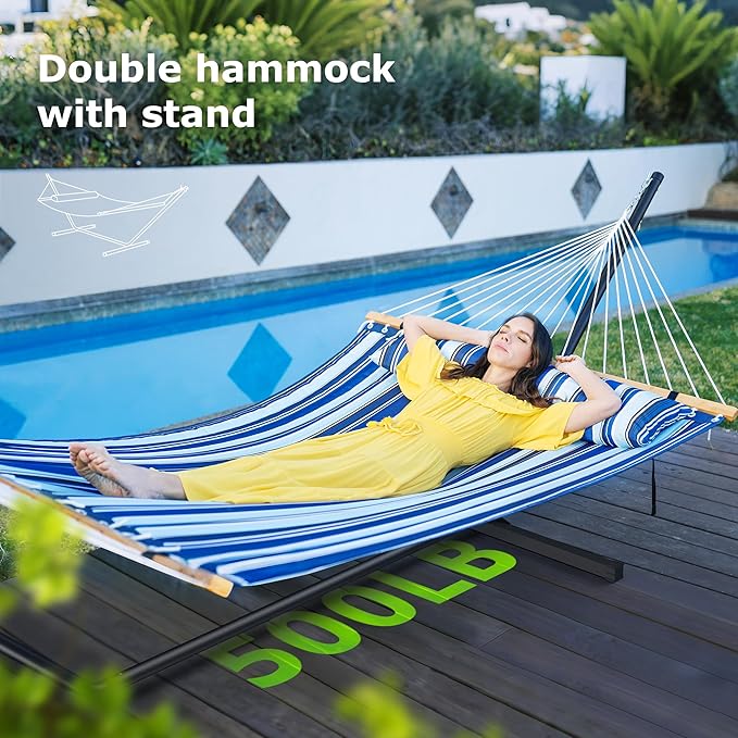 Double Hammock with Stand for Outdoor, Heavy Duty Portable Hammock with Adjustable Steel Stand for Patio, Garden, Beach, Backyard - Includes Carrying Bag,Blue