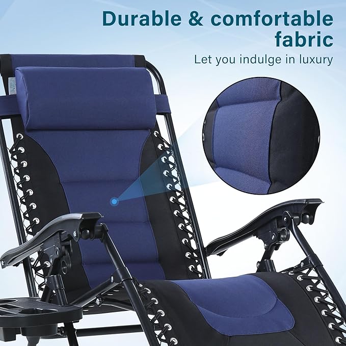 MFSTUDIO Padded Zero Gravity Recliner Chair Set of 2, Folding Patio Lounge Chairs with Adjustable Pillows & Cup Holder for Poolside Backyard, Support 350lbs(Blue)