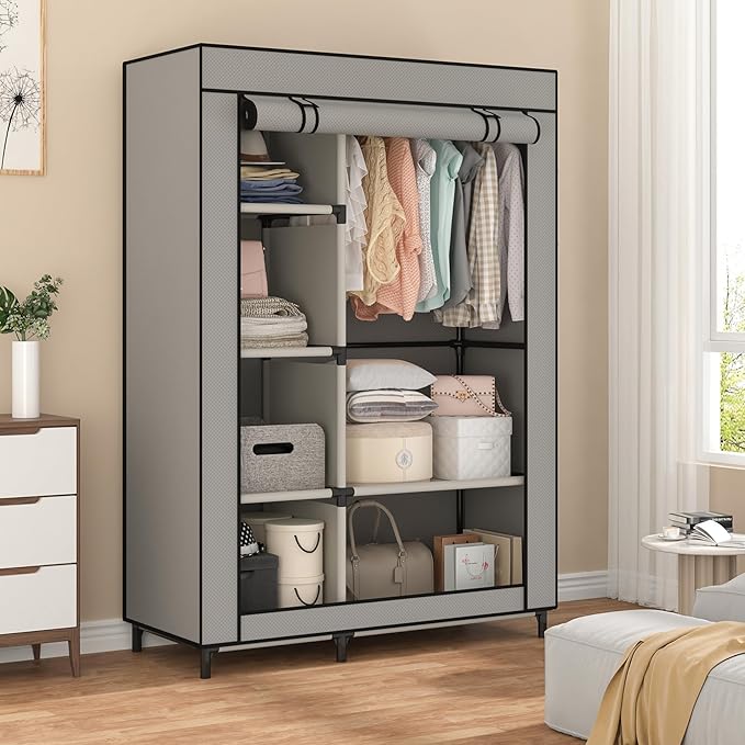 Calmootey Portable Closet Organizers, Clothing Storage, Wardrobe with 6 Shelves and Hanging Rod, Non-Woven Fabric Cover with 4 Side Pockets, Grey