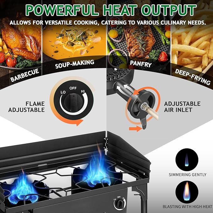 Outvita 2 Burner Propane Gas Stove for Outdoor Cooking, 150,000 BTU Camping Cooker with Windscreen for Cooking BBQ Baking Turkey Frying