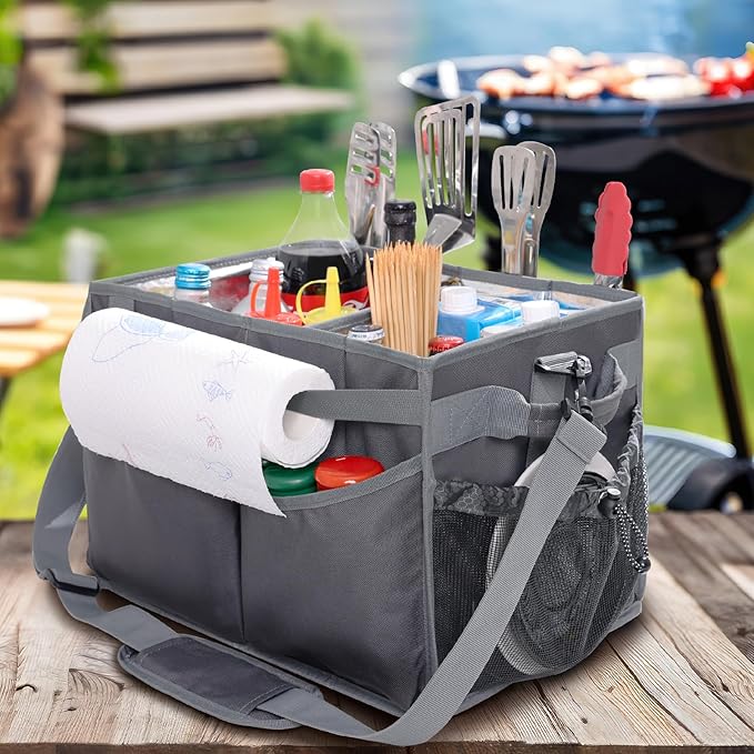 Large Grill Caddy with Paper Towel Holder – Collapsible BBQ Organizer for Camping, Tailgating, RV, Boating – Grilling Gifts for Men – Griddle Tote Bag with Shoulder Strap – Outdoor Essentials